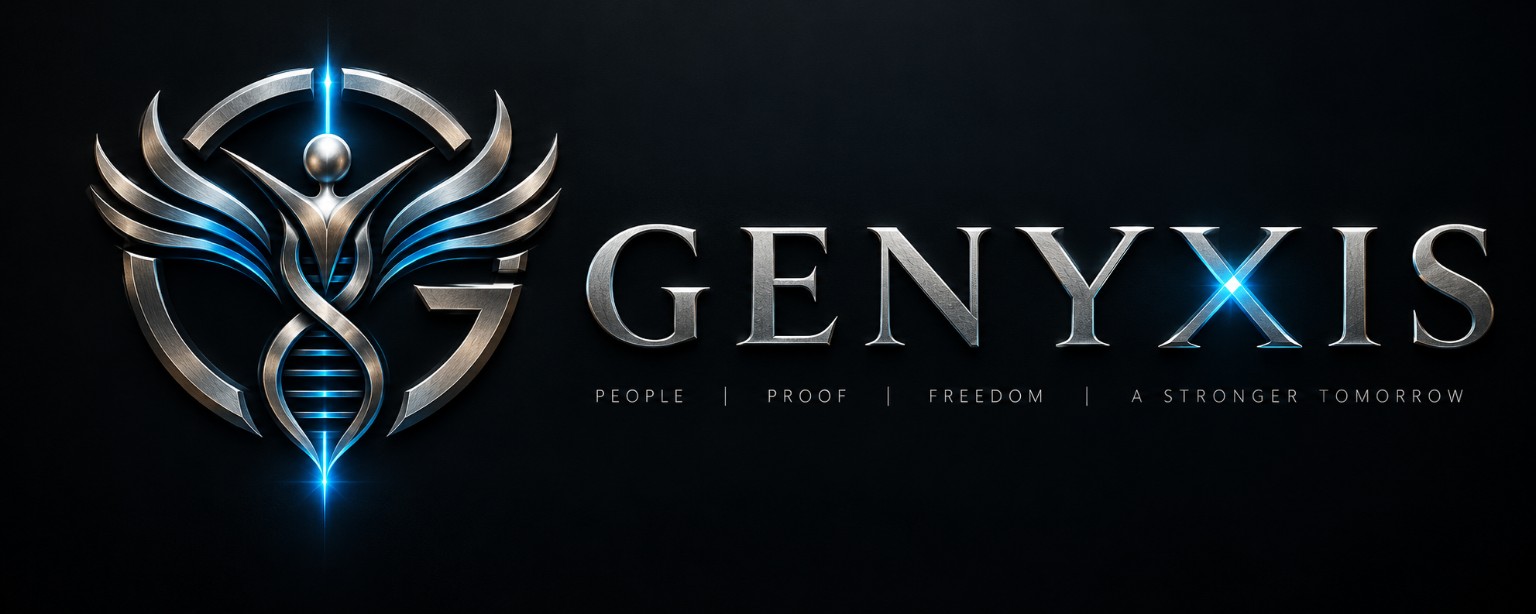Genyxis — original silver and electric-blue winged DNA emblem and wordmark